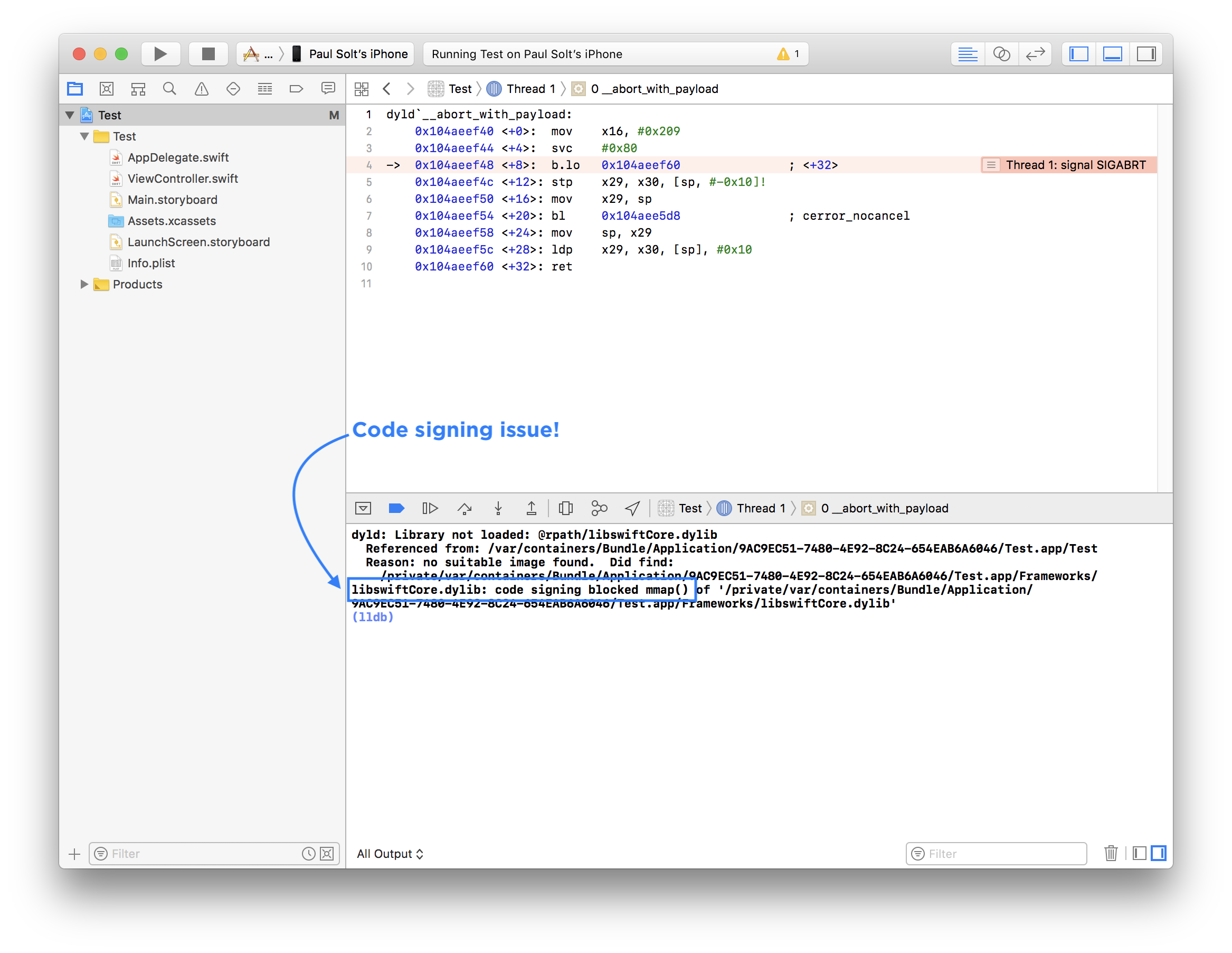 Xcode 9 Crash SIGABRT libswiftCore.dylib: code signing blocked