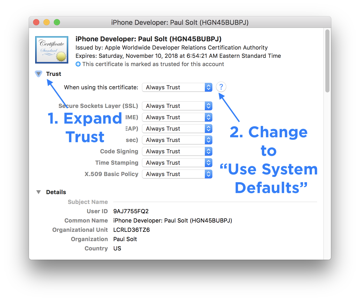 Change Always Trust to Use System Defaults