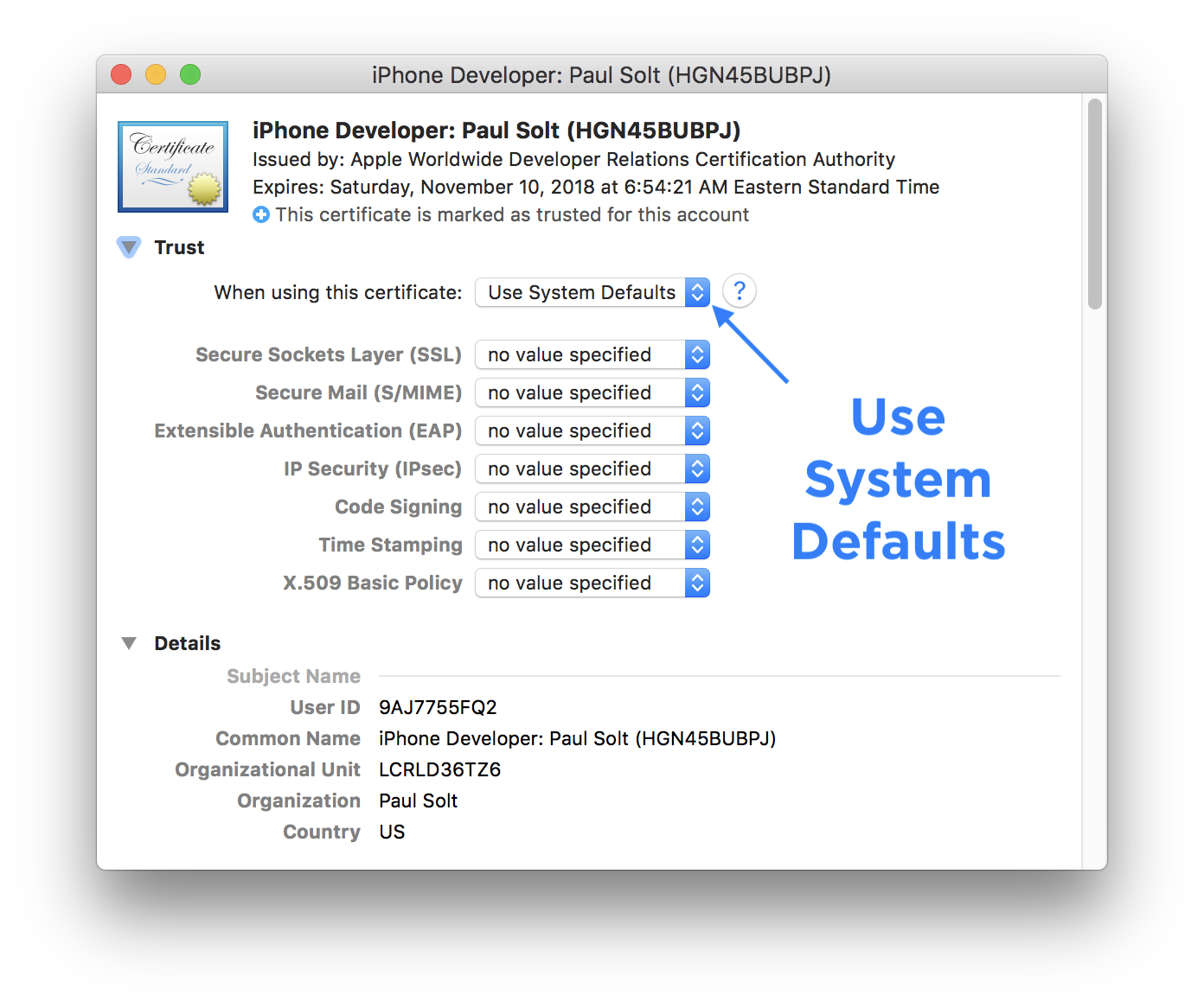Xcode 9 Certificate Use System Defaults