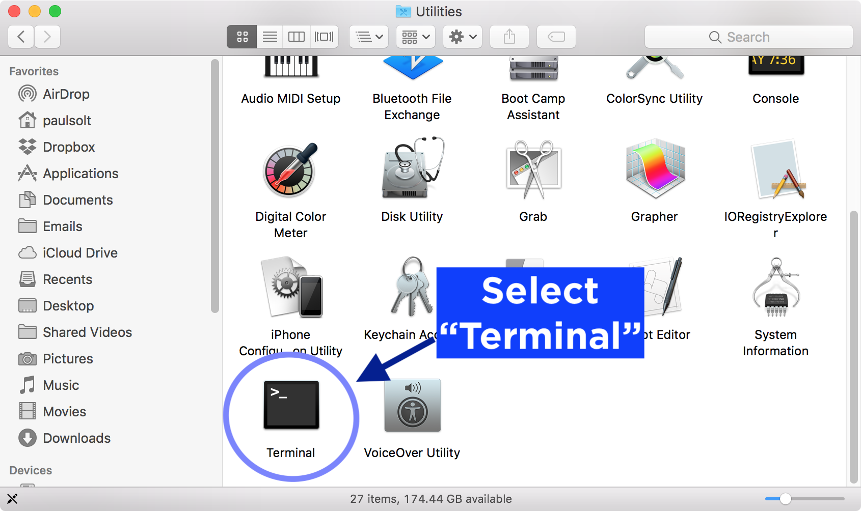 Finder Applications Utilities Folder Terminal on Mac