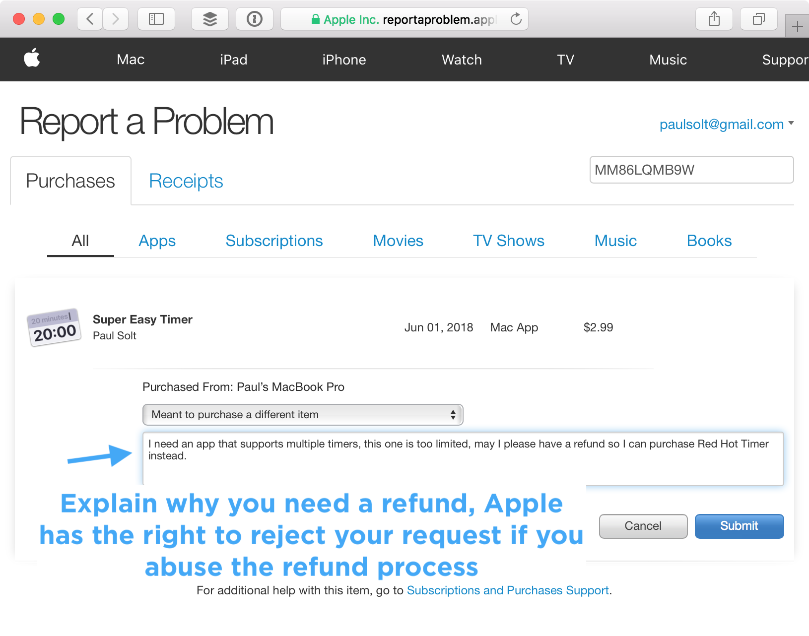 Explain why you want a Mac App Store refund